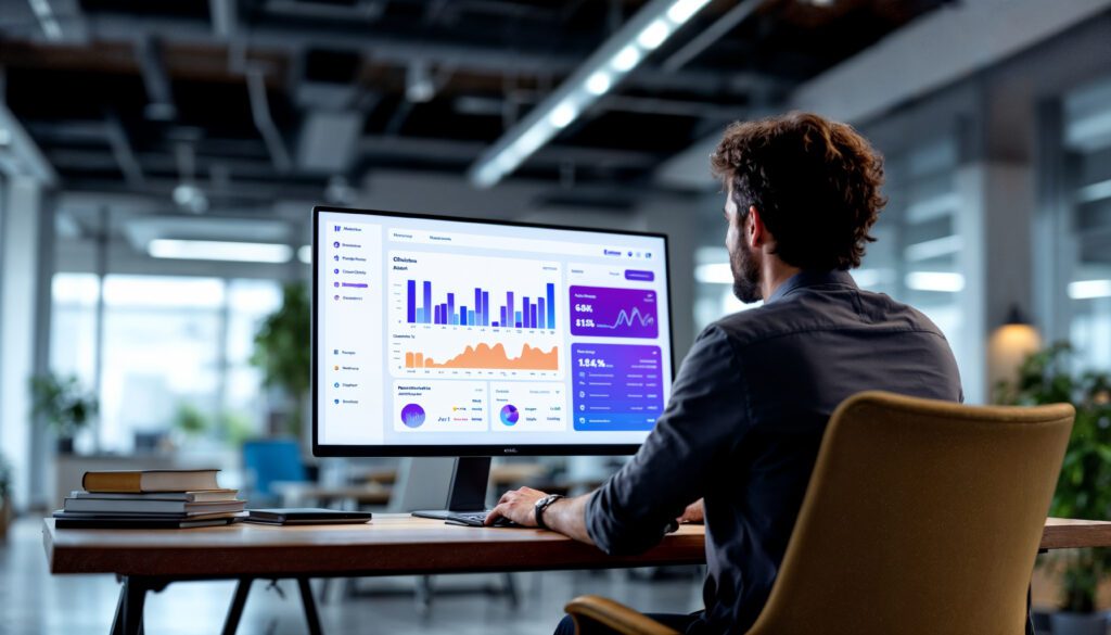Como a Agência Descomplicando trabalha o tráfego pago de forma descomplicada 1 um homem esta trabalhando em um computador com um grafico na tela