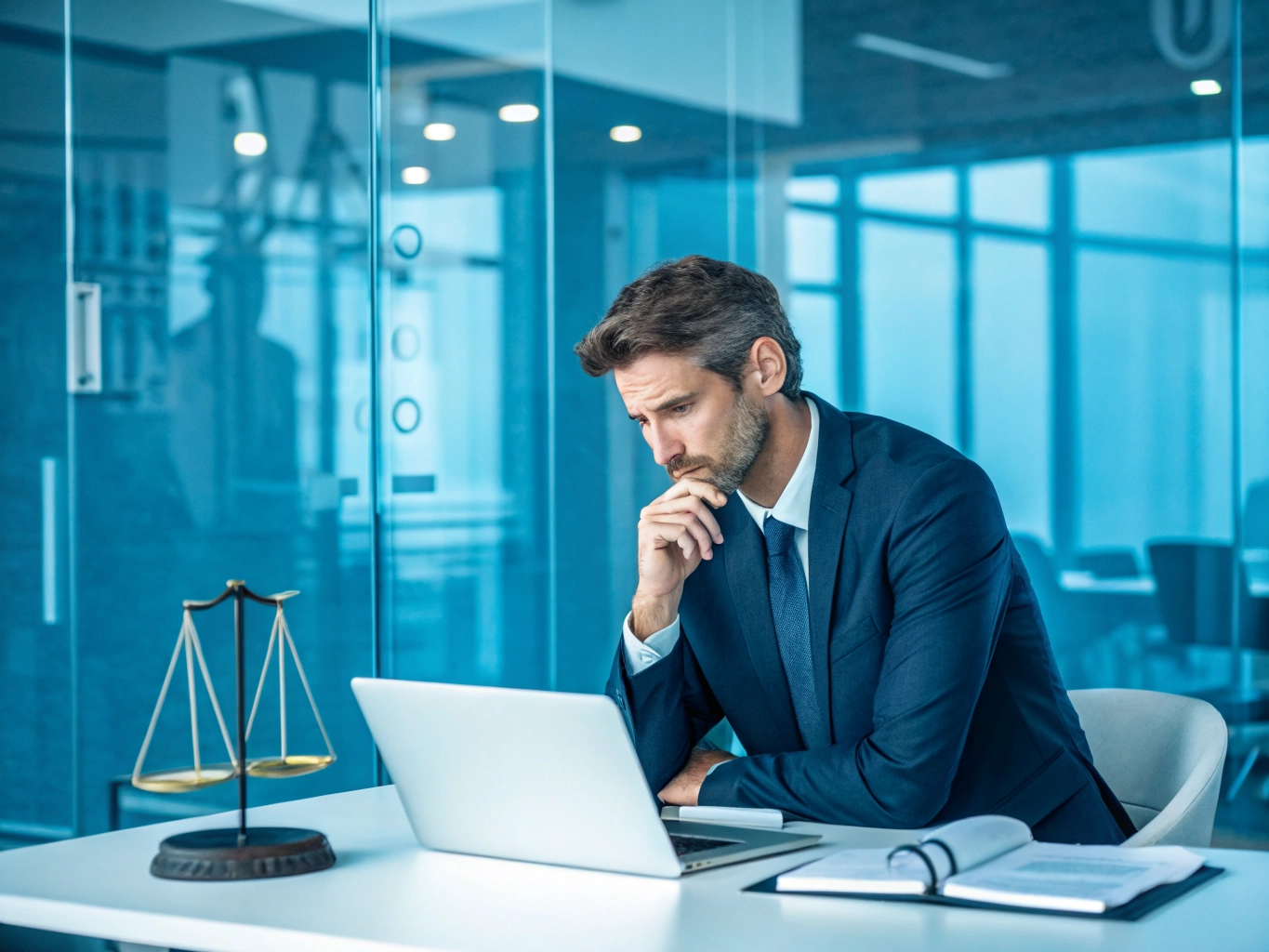 Advogado analisando contrato com desconfiança procurando por red flags na contratação de um gestor de tráfego para advogados, representando o cuidado ético da Agência de Tráfego Pago Descomplicando.