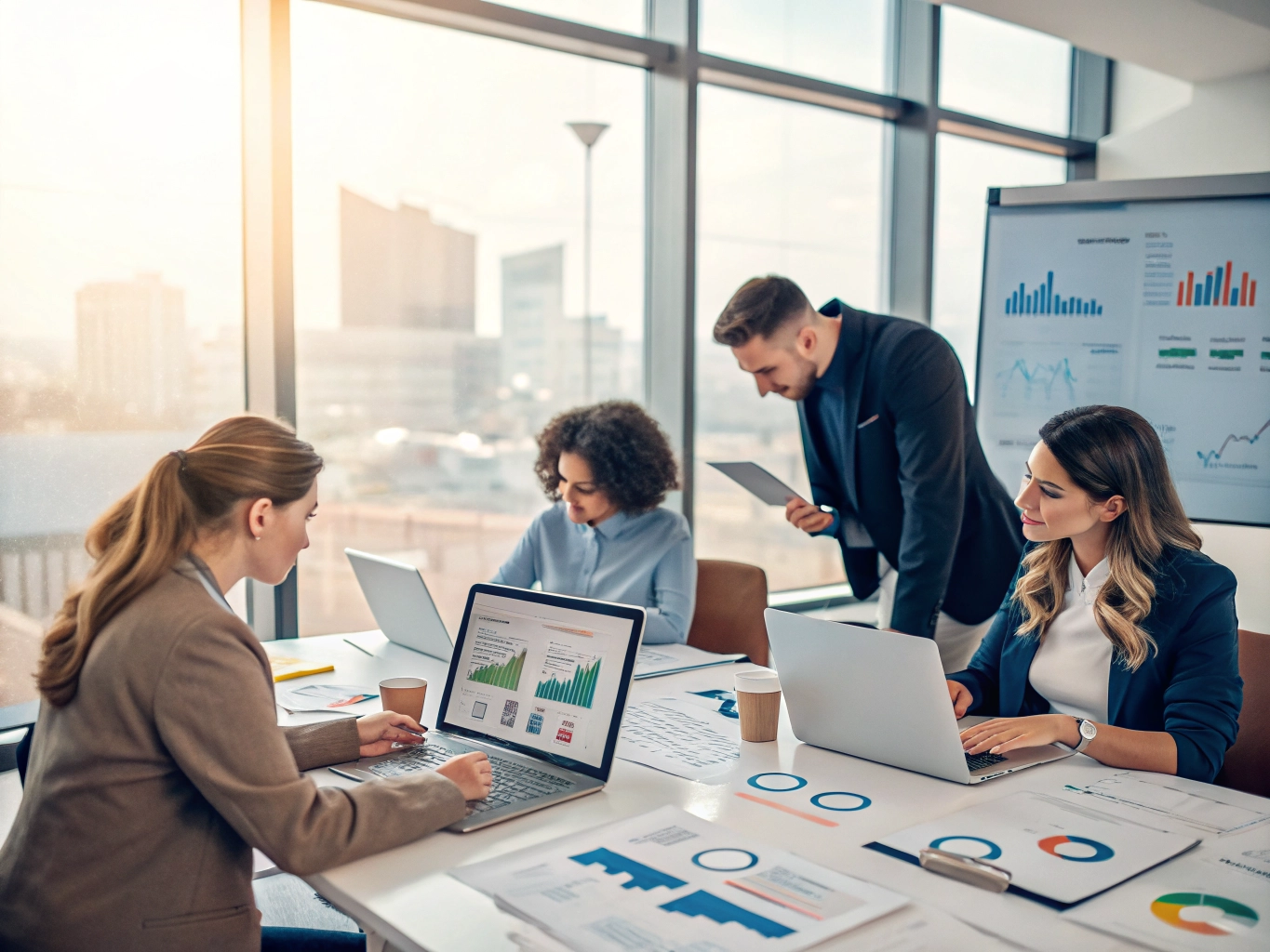 Equipe de executivos em reunião estratégica alinhando os setores de vendas e marketing com inteligência de dados, representando o papel de um Gestor de tráfego na Agência de Tráfego Pago.