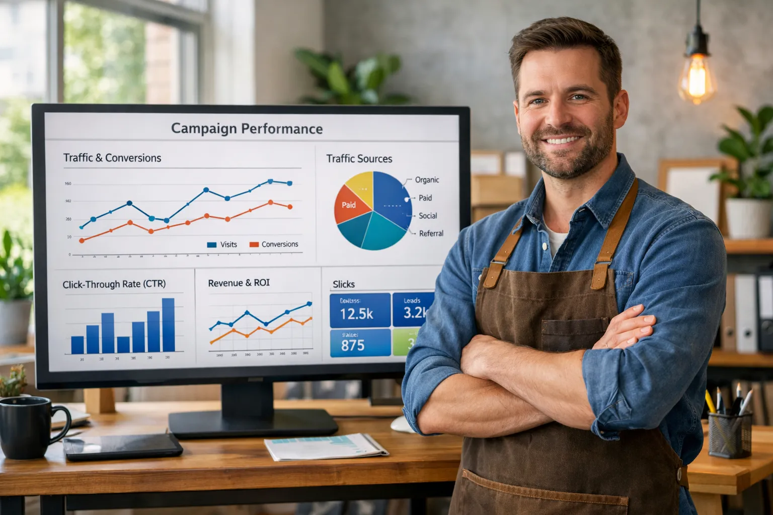 dono de negócio analisando gráficos de campanha no Google Ads em monitor grande