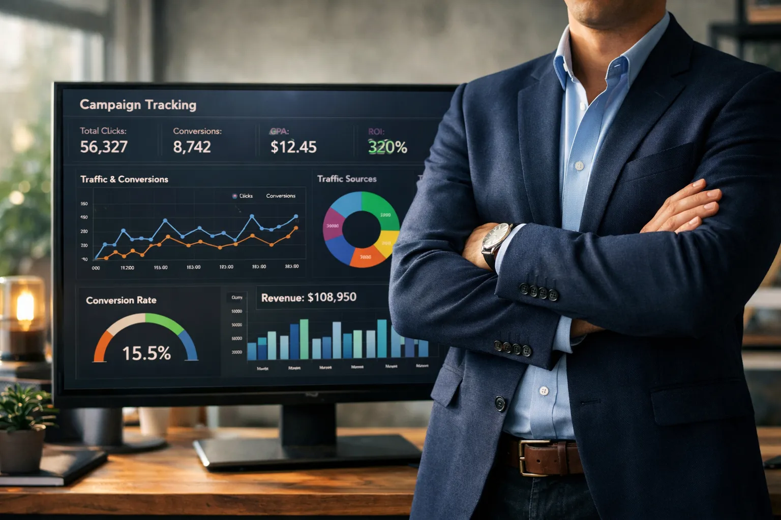 Empresário em pé diante de monitor com métricas de tracking, destacando inadequação no tracking server-side do Google Ads.