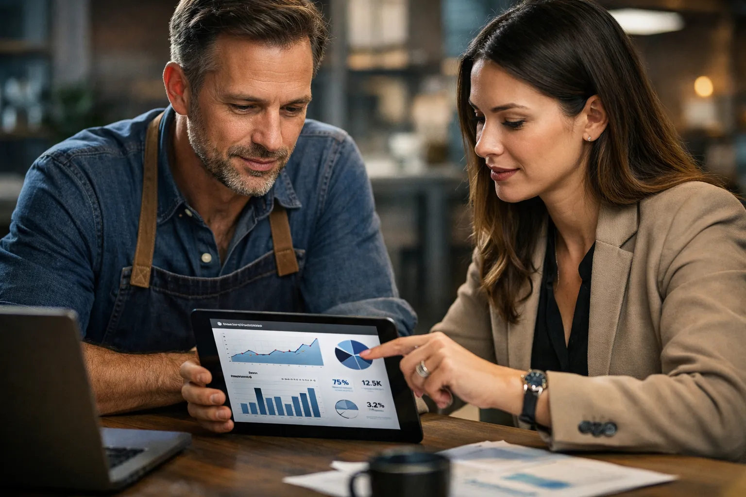 Empresário e especialista analisando gráficos de campanha no Google Ads em um tablet.