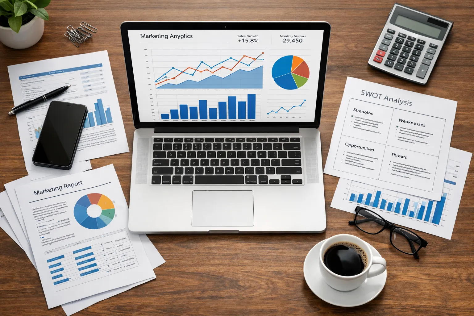 Mesa de escritório vista de cima com laptop exibindo gráficos de marketing genéricos, documentos e xícara de café, ilustrando tráfego pago jurídico.