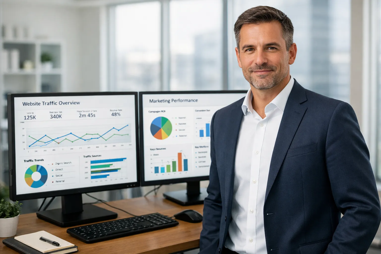 Profissional em frente a dois monitores com dados de tráfego pago e marketing jurídico.