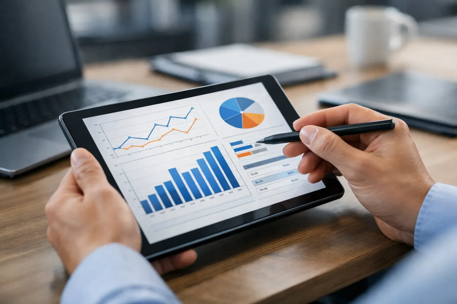 Mãos de um gestor de tráfego para advogados sobre um tablet com gráficos genéricos em um escritório moderno.