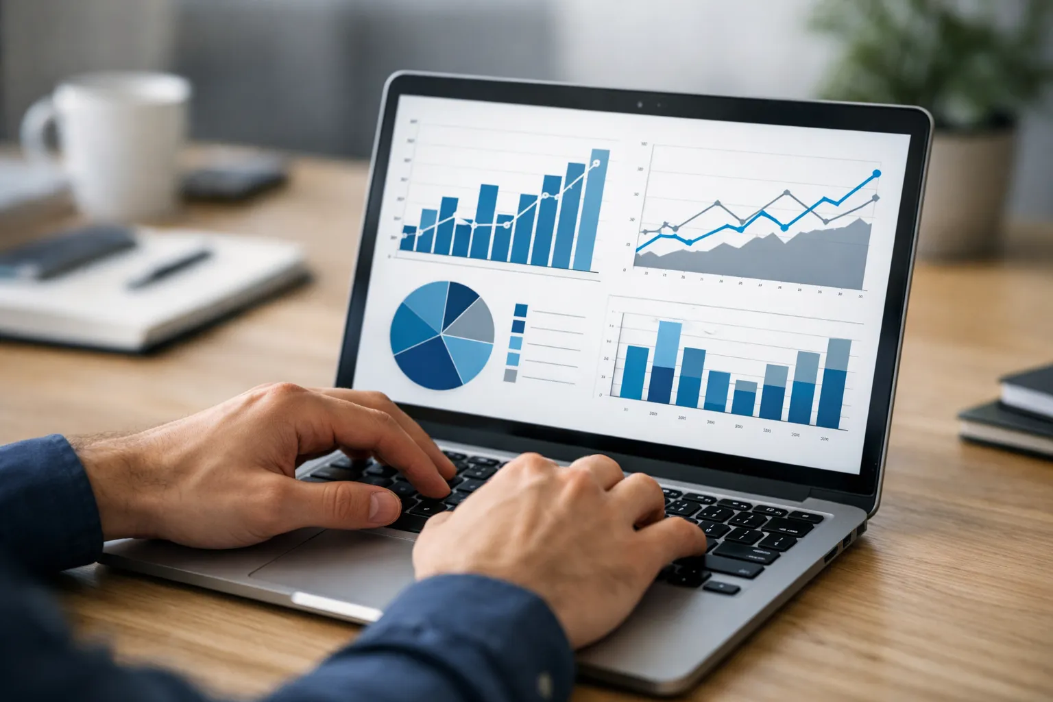 Mãos em um notebook com gráficos, destacando a importância do Índice de Qualidade no tráfego pago jurídico.