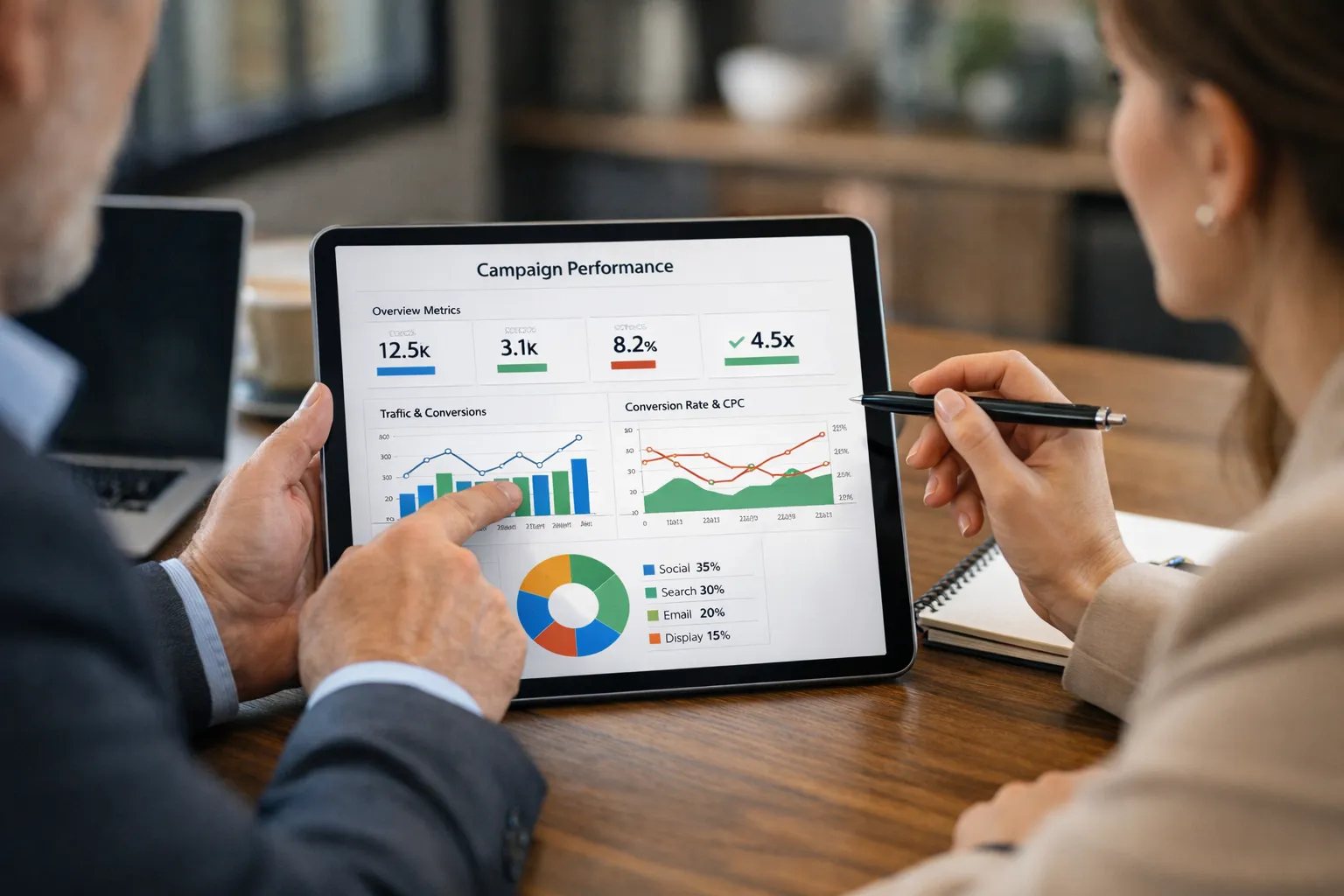 Duas pessoas analisando métricas de campanha em um tablet em um escritório moderno, destacando a busca por leads ultra qualificados.