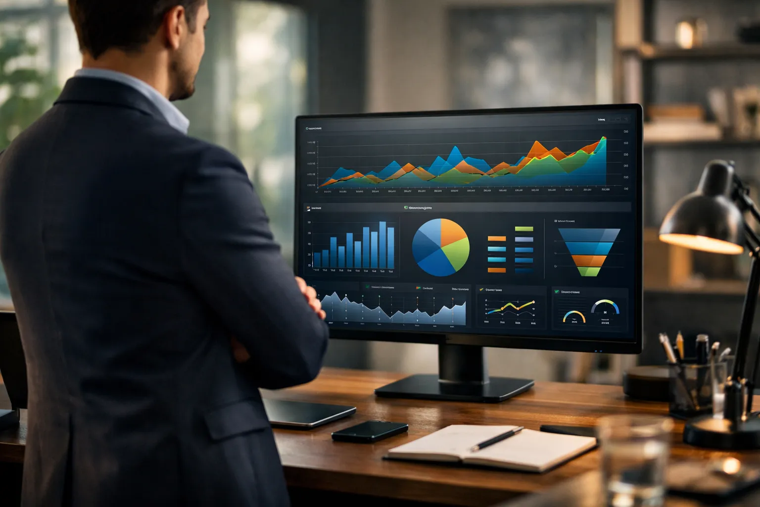 Empreendedor avalia gráficos de métricas de campanhas de Google Ads no monitor, destacando o conceito de LTV.