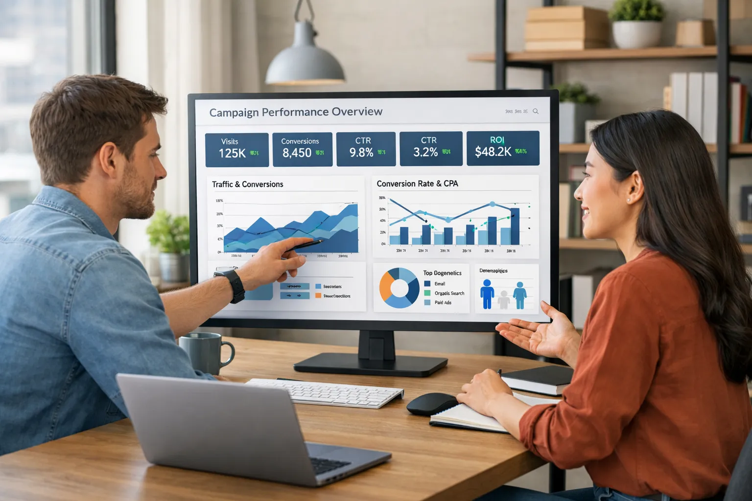 Empreendedor analisa gráficos de campanha em um monitor grande em um espaço de trabalho moderno, destacando temas de Google Ads e CAC.