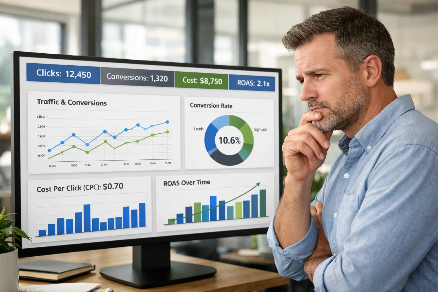 Empresário em pé diante de monitor com gráficos de campanha enquanto avalia métricas de Google Ads B2B.