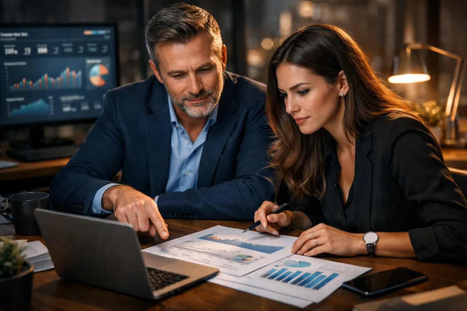 Duas pessoas analisando gráficos de campanha no tablet, representando a qualificação de leads no B2B