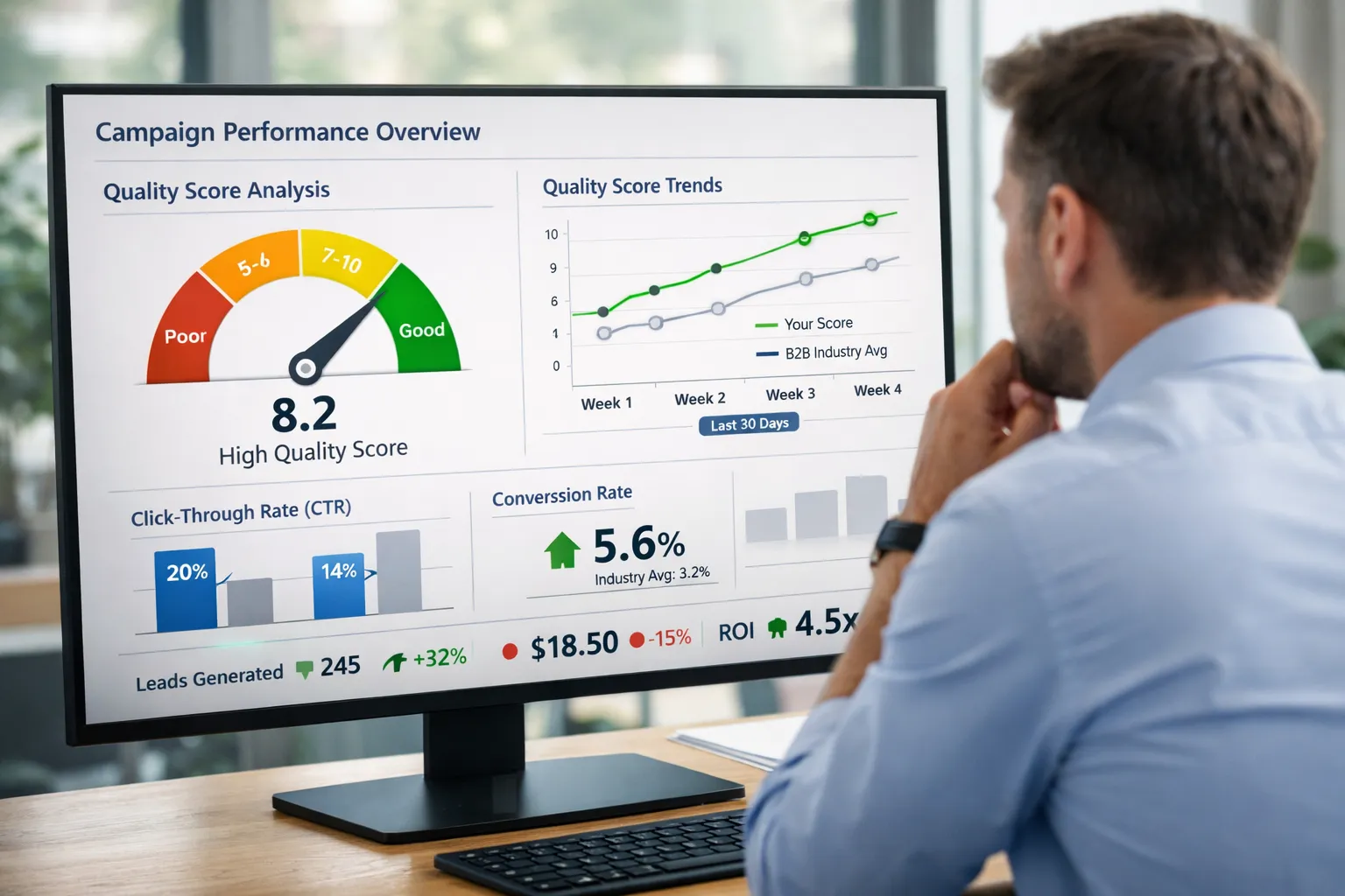 Empresário em pé analisando gráficos de desempenho da campanha no monitor, destacando o Índice de Qualidade do Google Ads.