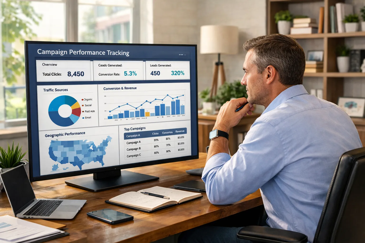 Empreendedor verifica métricas de tracking no Google Ads em monitor grande, escritório moderno e iluminado.