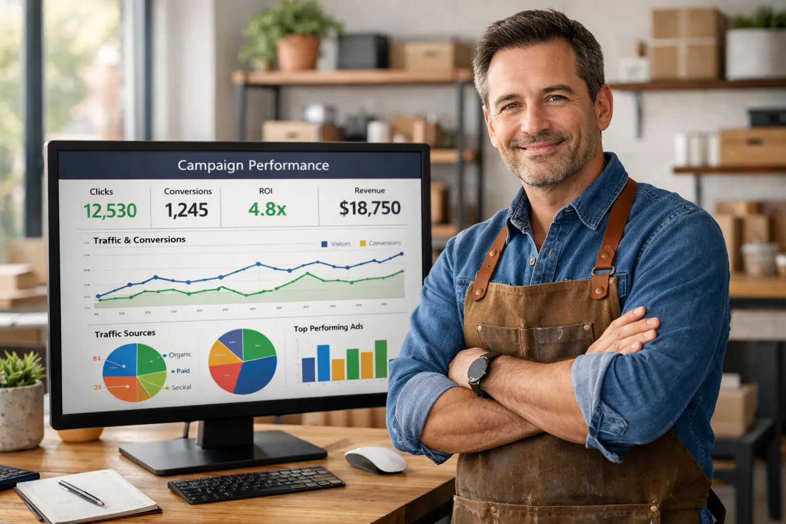 Empreendedor em pé diante de um monitor com gráficos de desempenho de campanha, abordando o custo oculto do CAC elevado.
