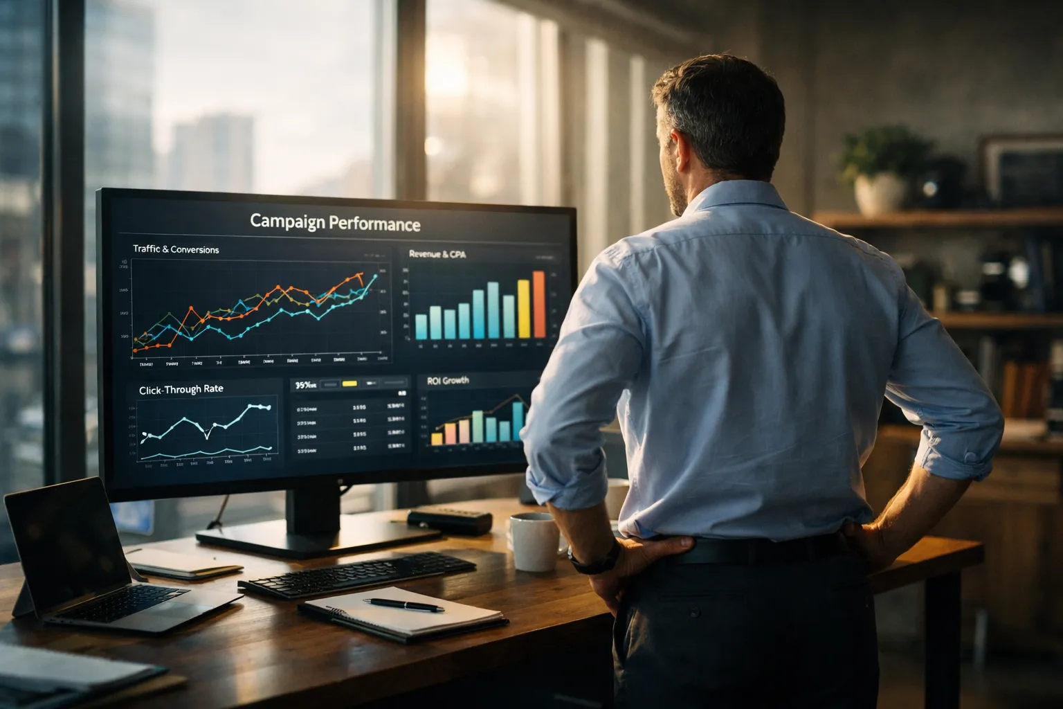 Empreendedor de pé em frente a um monitor com gráficos de desempenho de campanha do Google Ads.
