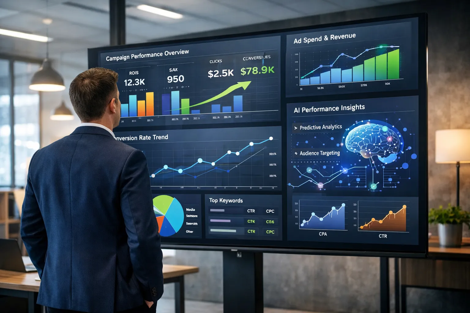 Empreendedor analisando gráficos de campanha do Google Ads em tela de monitor, destacando tendências emergentes com inteligência artificial.
