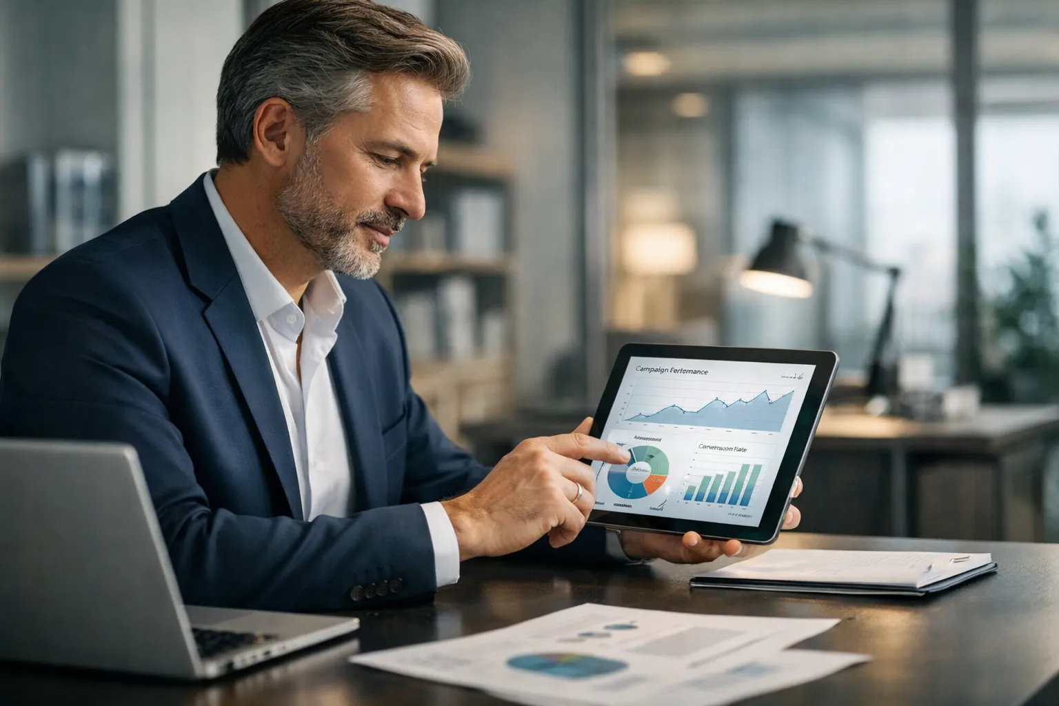 Empreendedor analisando relatórios transparentes de campanhas de Google Ads em um tablet.