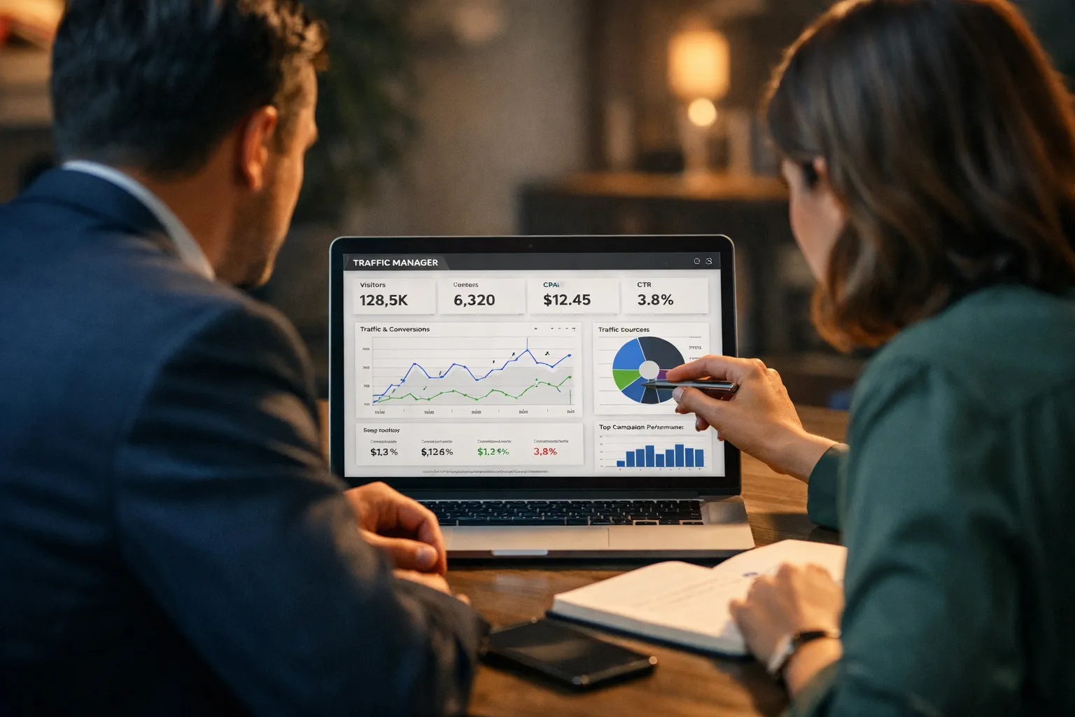 Dono de negócio e gestor de tráfego analisando um painel de métricas juntos, com foco em campanhas de Google Ads.