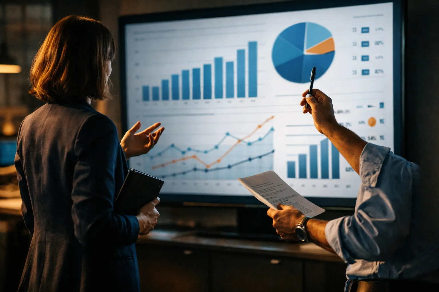 Dois profissionais em um escritório moderno, analisando dados gráficos em uma tela, representando a agência de tráfego pago para escritório de advocacia.