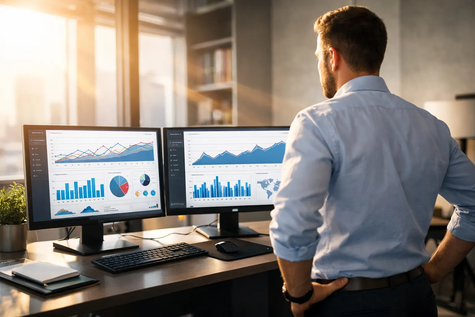 gestor de tráfego para advogados analisando gráficos em um monitor duplo em escritório moderno
