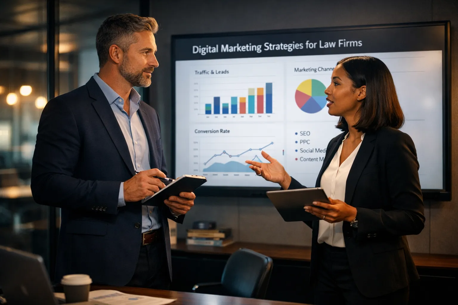 dois profissionais conversando em escritório moderno com gráficos de marketing jurídico ao fundo