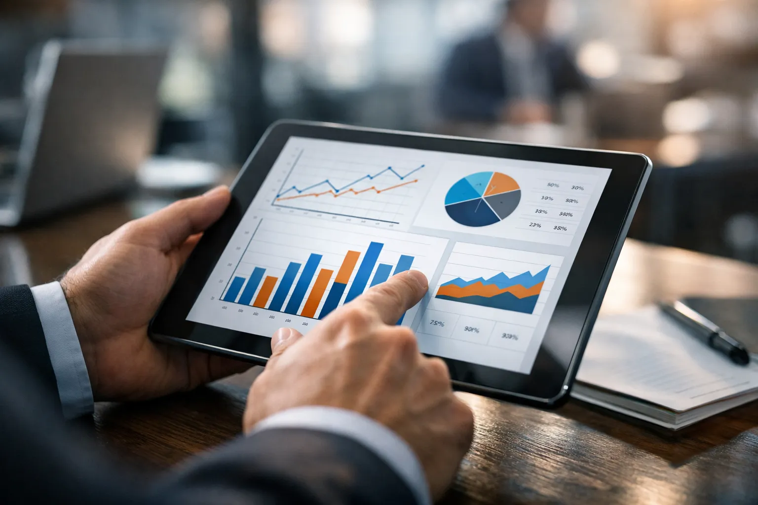 Mãos sobre um tablet com gráficos, representando o gestor de tráfego para advogados no Google Ads