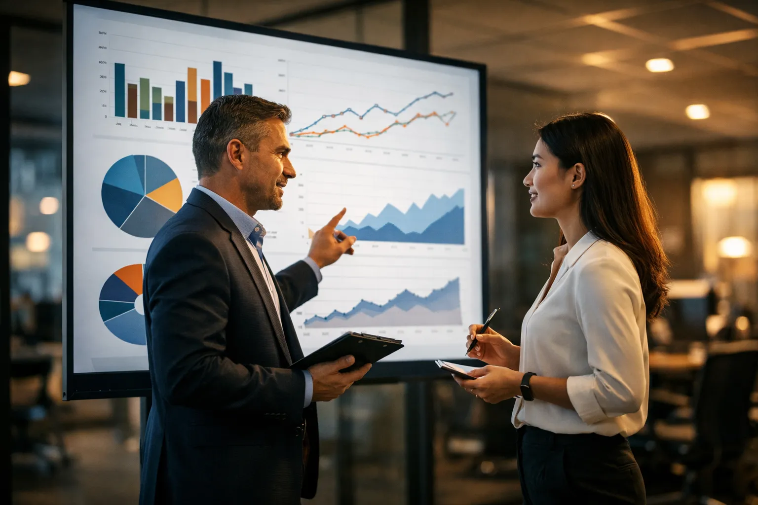 Duas pessoas em pé num escritório moderno com gráficos genéricos ao fundo, exemplificando o impacto do SEO no tráfego pago para advogados.