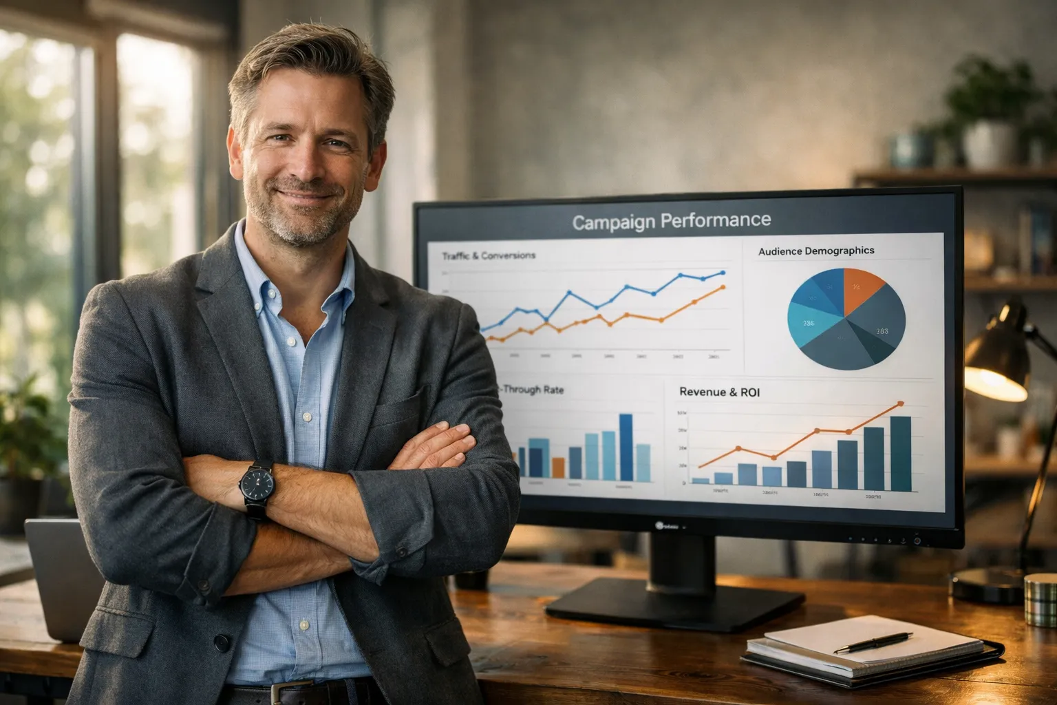 Empresário em pé em frente a um monitor com gráficos de desempenho de campanhas de Google Ads B2B.