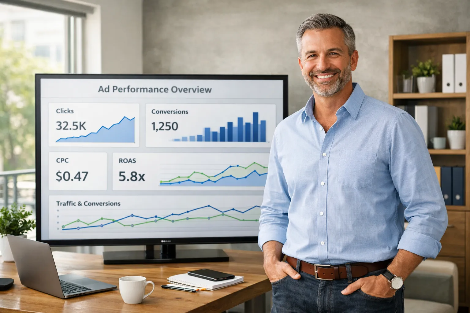 Empresário em frente a monitor com gráficos de campanha de Google Ads.