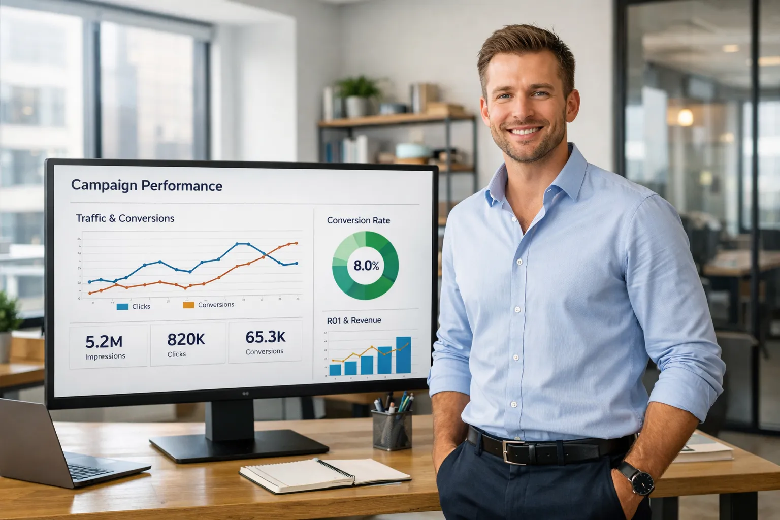 Empreendedor analisando gráficos de campanha no monitor em escritório moderno, foco em estratégia Google Ads B2B.