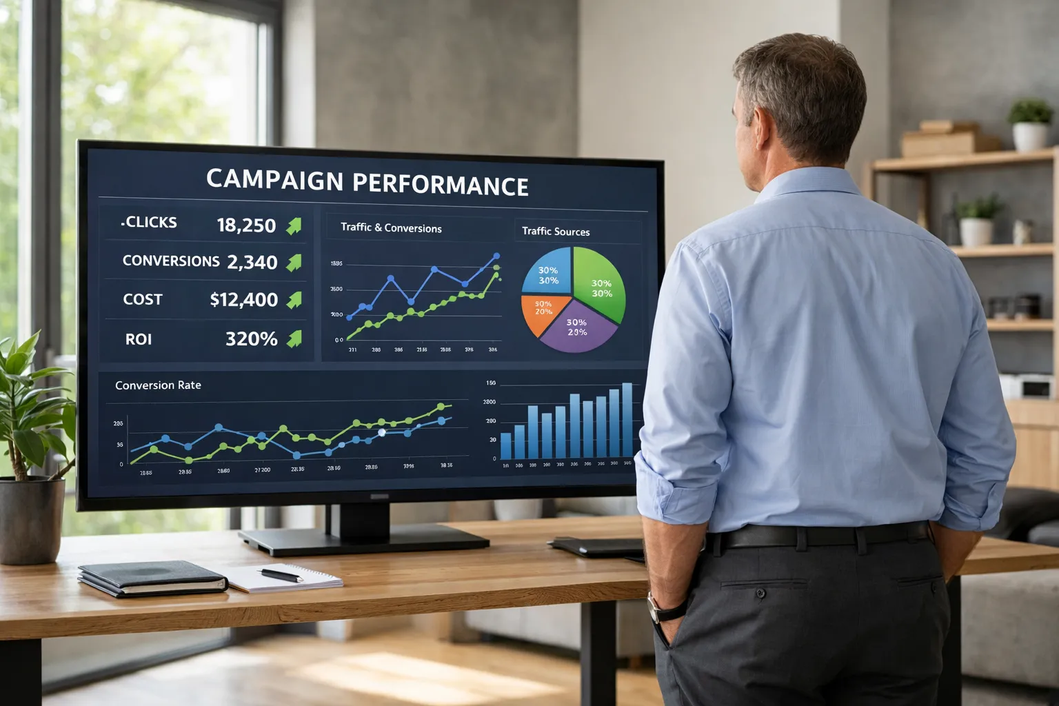 Empresário analisando gráficos de campanha do Google Ads em um monitor.