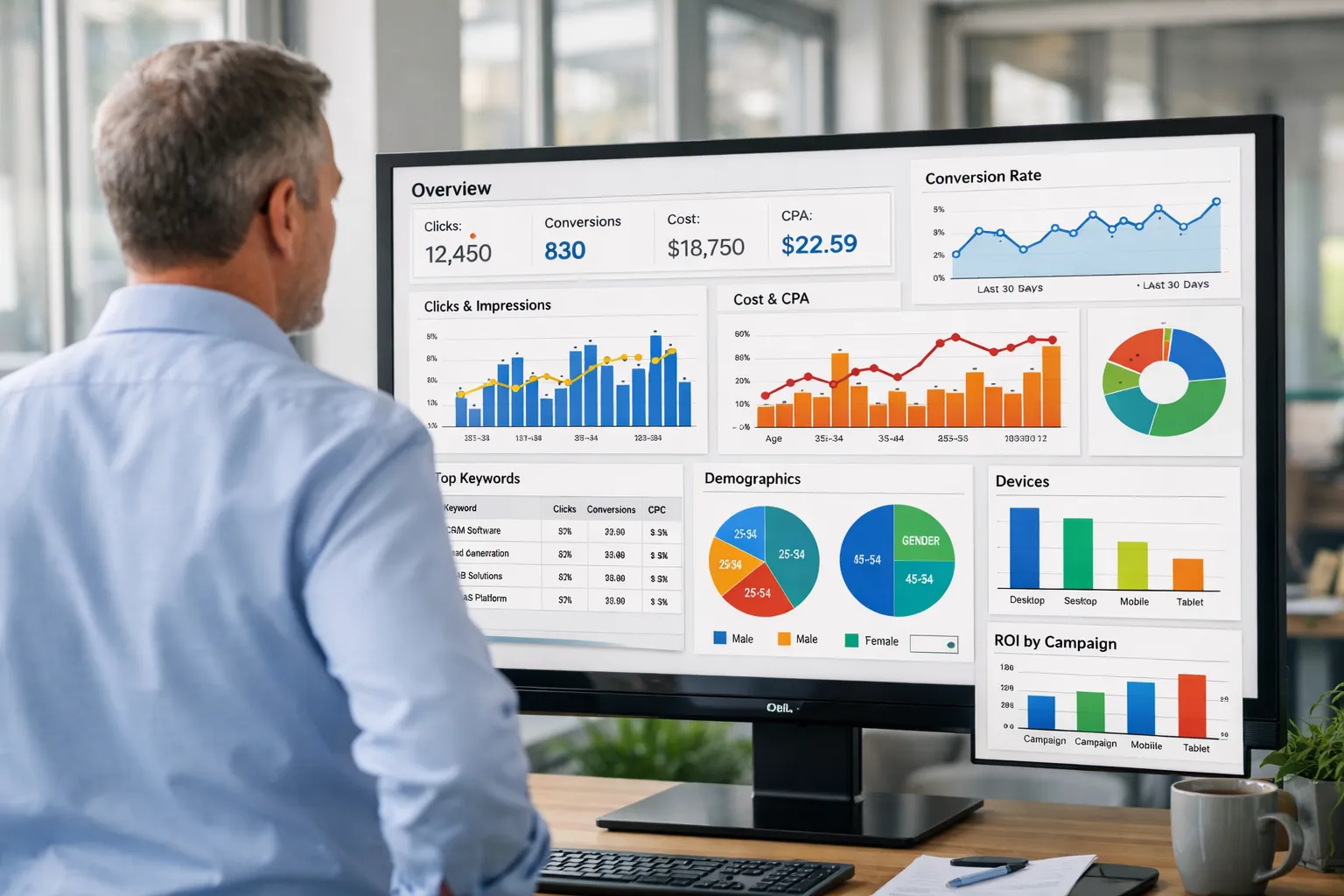 Empresário em frente a um monitor com gráficos de desempenho do Google Ads B2B.