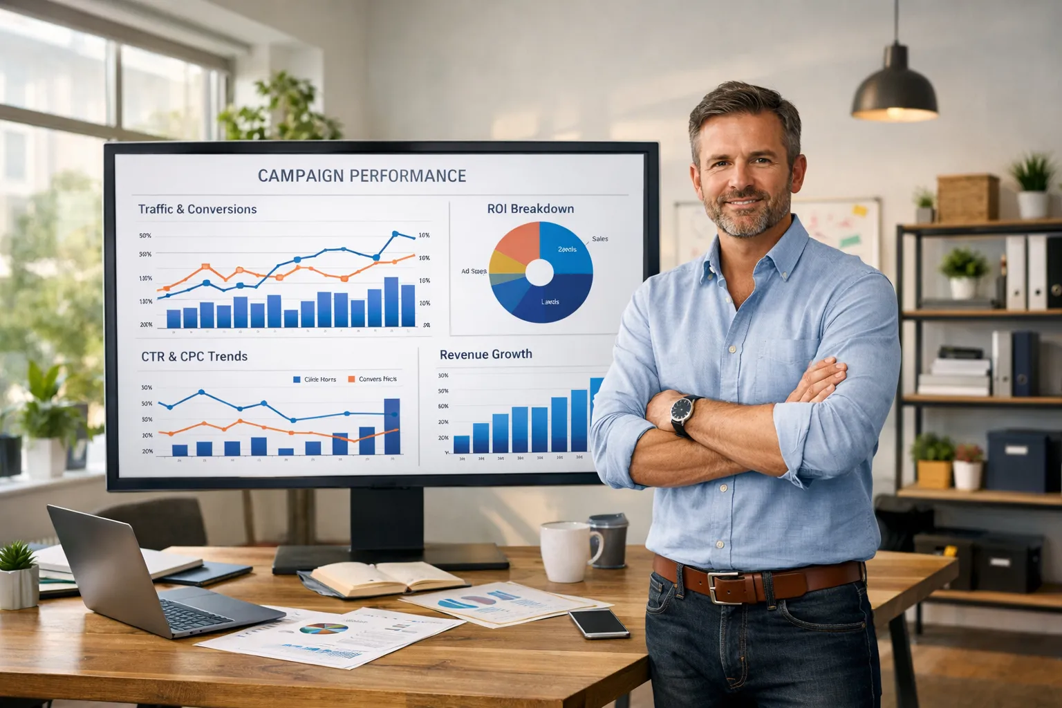 Dono de negócio em pé diante de monitor com gráficos de desempenho de campanhas, representando estratégias de Google Ads em expansão internacional.