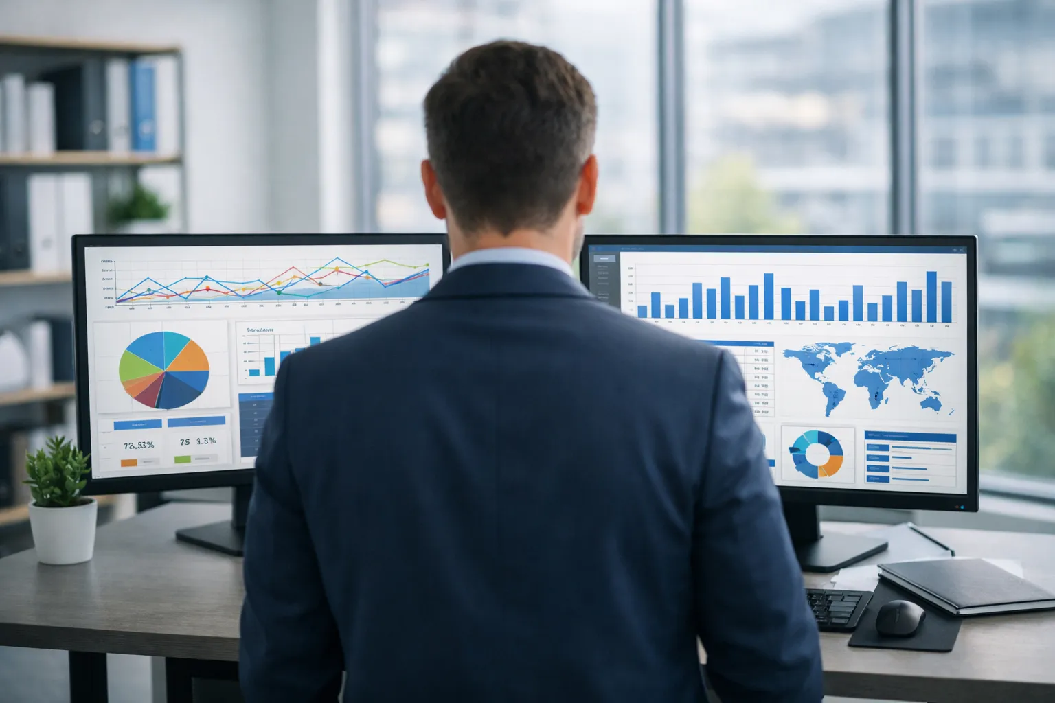 profissional em escritório moderno analisando dados em monitores duplos sobre tráfego pago