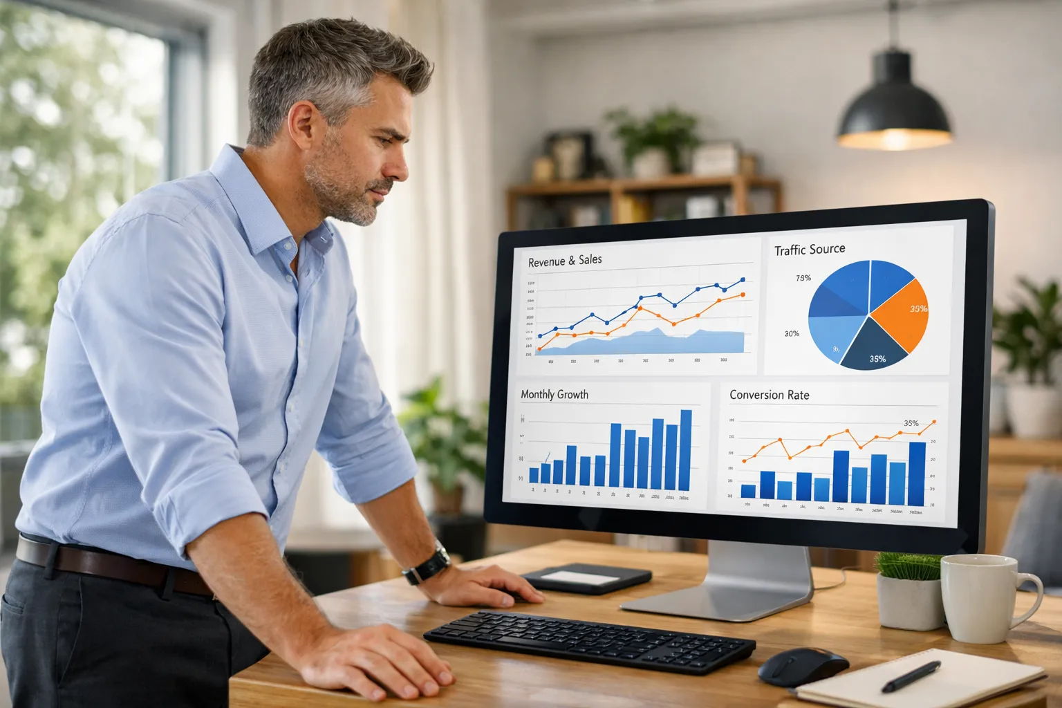 Empreendedor em frente a um monitor exibindo gráficos de desempenho, destacando a escolha entre agência de tráfego pago ou gestor interno.