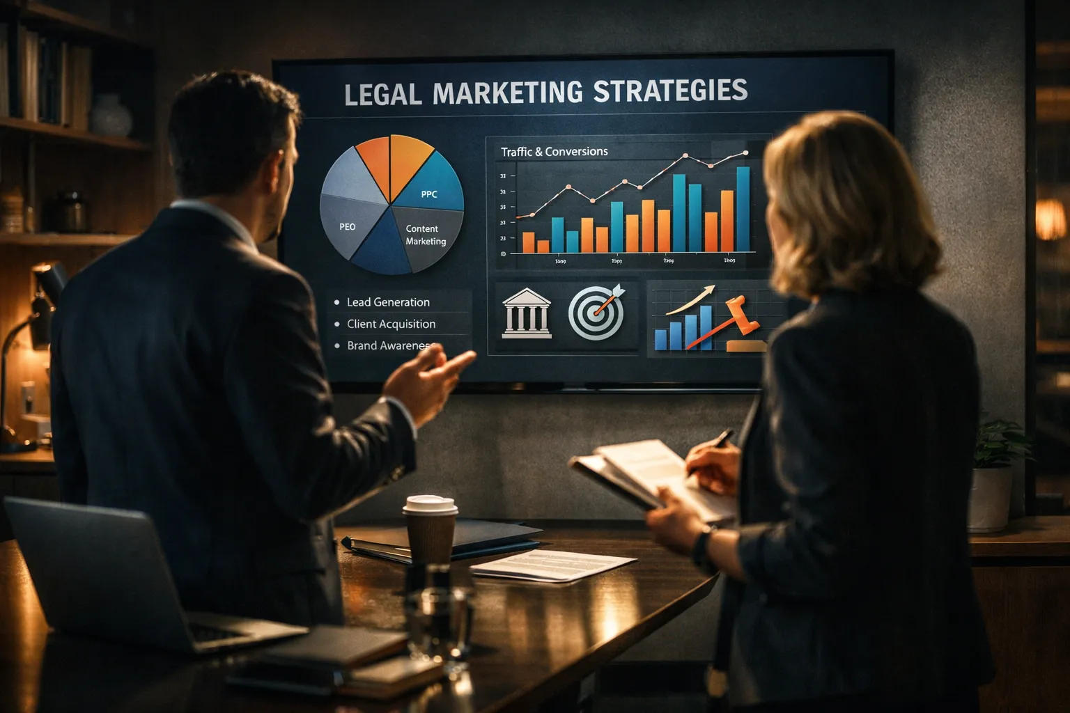 Marketing para advogado criminalista em compliance discutindo dados em escritório moderno