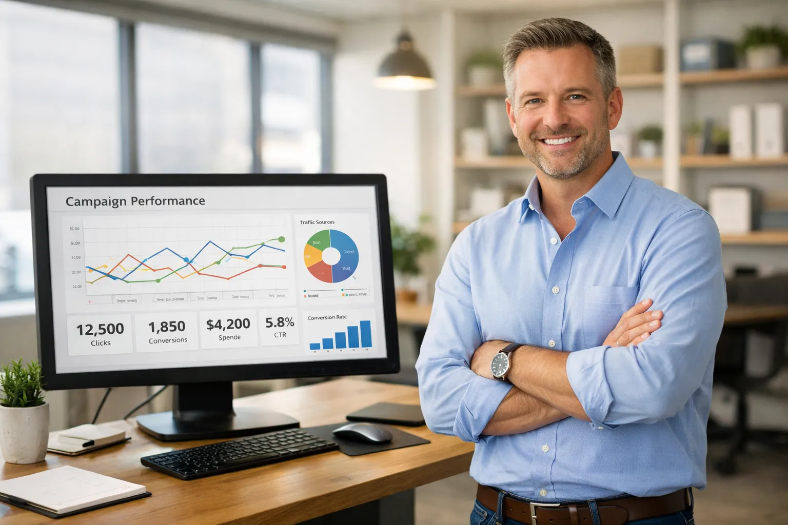 Empresário analisando gráficos de campanha de Meta Ads para negócios locais em um monitor.