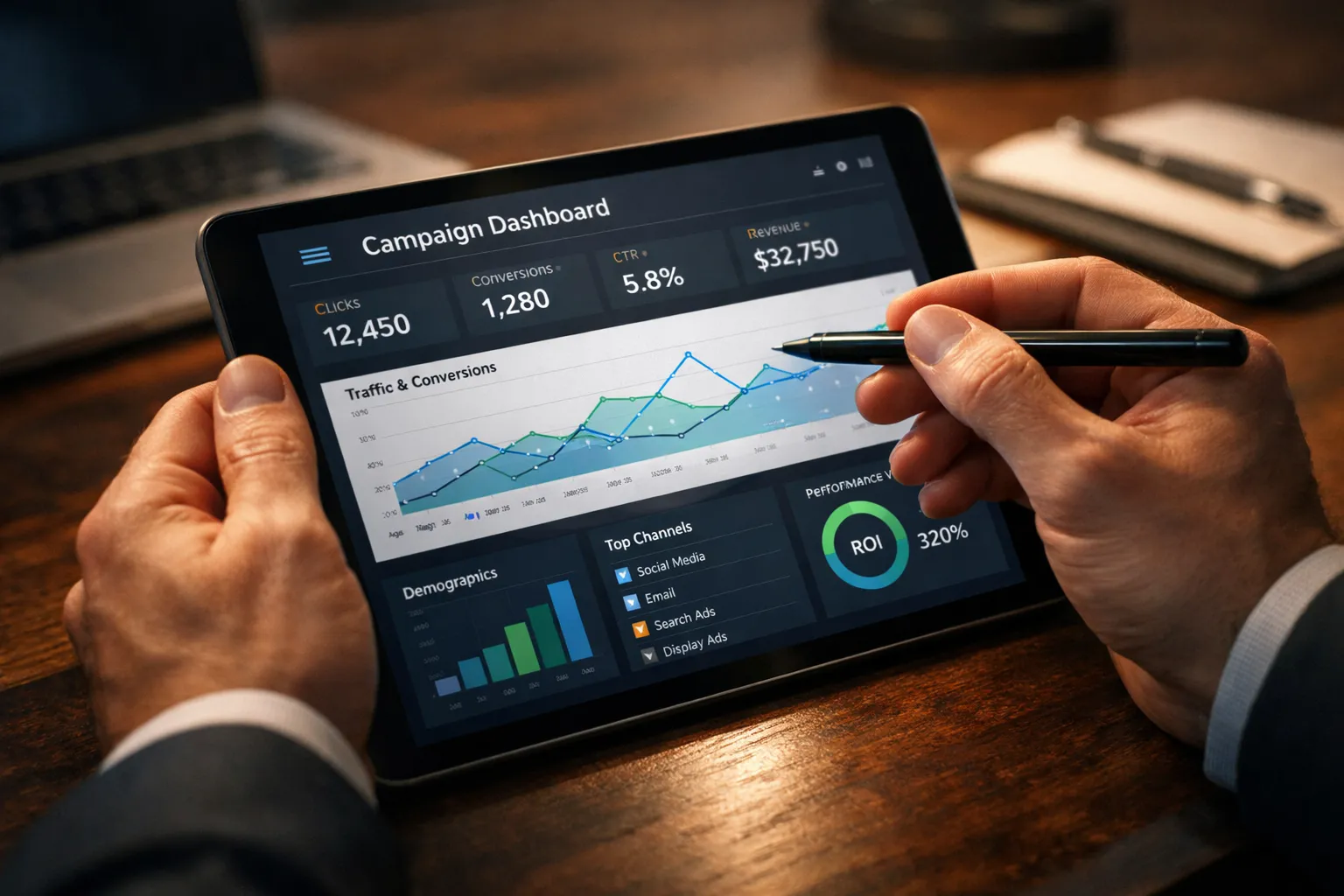 Um empreendedor analisando gráficos de campanha em um tablet no escritório, representando a IA no marketing digital.